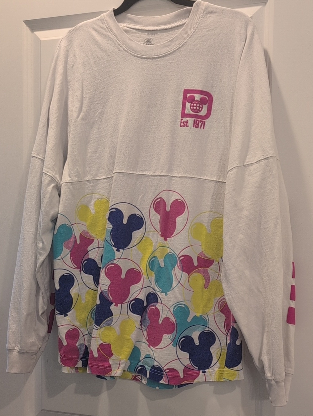 Disney White Long-Sleeve Tee with Multicolor Mickey Balloon Print